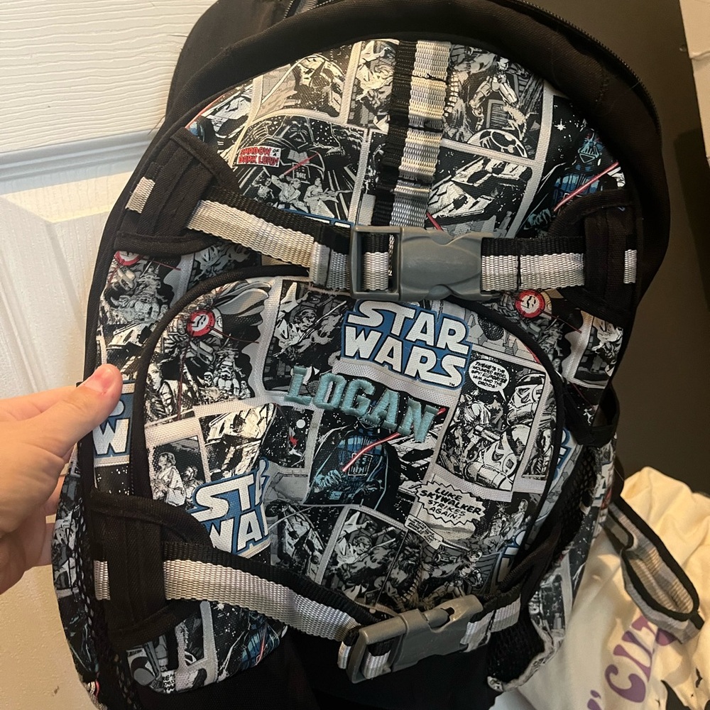 Kids pottery barn back pack -embroidered “Logan”